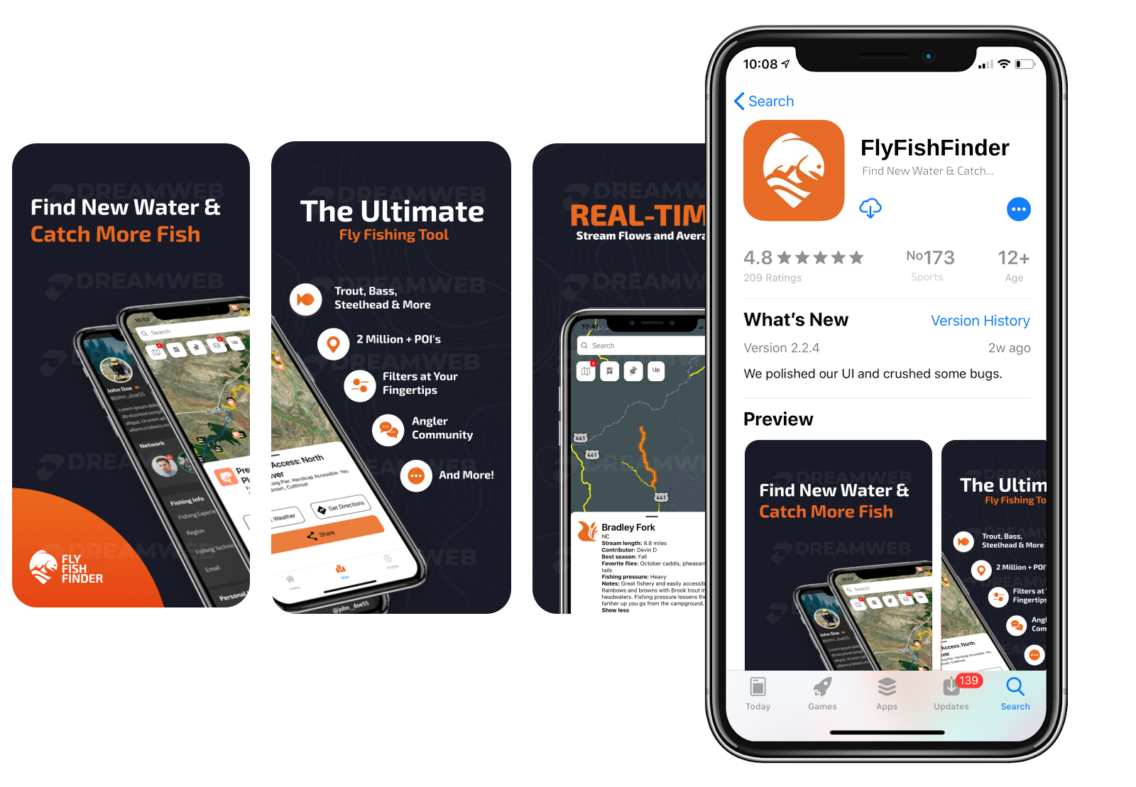 FlyFishFinder App Store listing with screenshots and Editors Choice badge